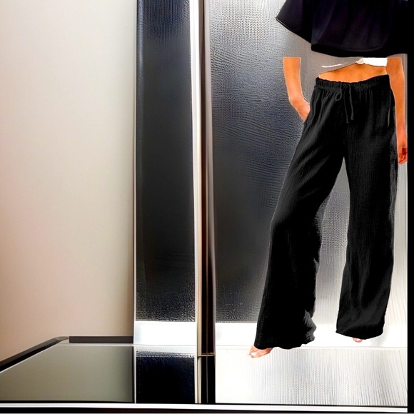 Linen Drawstring High Waisted Casual Loose Fit Wide Leg Stretchy Long Leg Pants - Picture 6 of 15